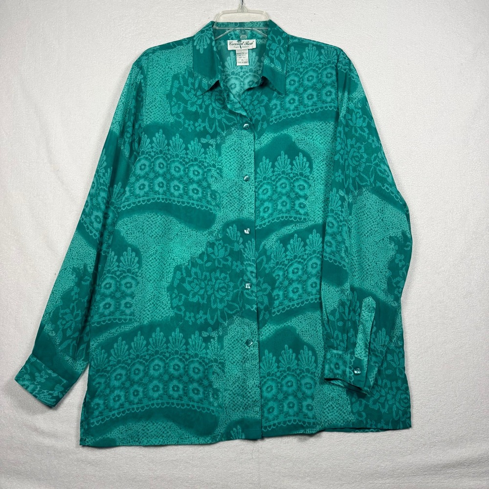 Coconut Row Palm Beach Green Silk Damask Print Button Up Blouse XL‎